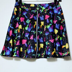 Body Rage Juniors Rainbow Mushrooms Skater Skirt Black Colorful Size M